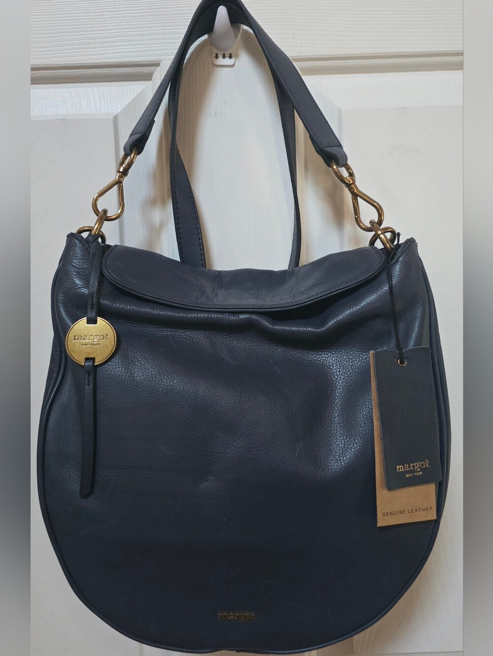 Margot Navy Pebble Leather Shoulder Bag with Gold Hardware NWT